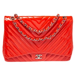 Chanel Orange Chevron Patent Leather Maxi Classic Single Flap Bag