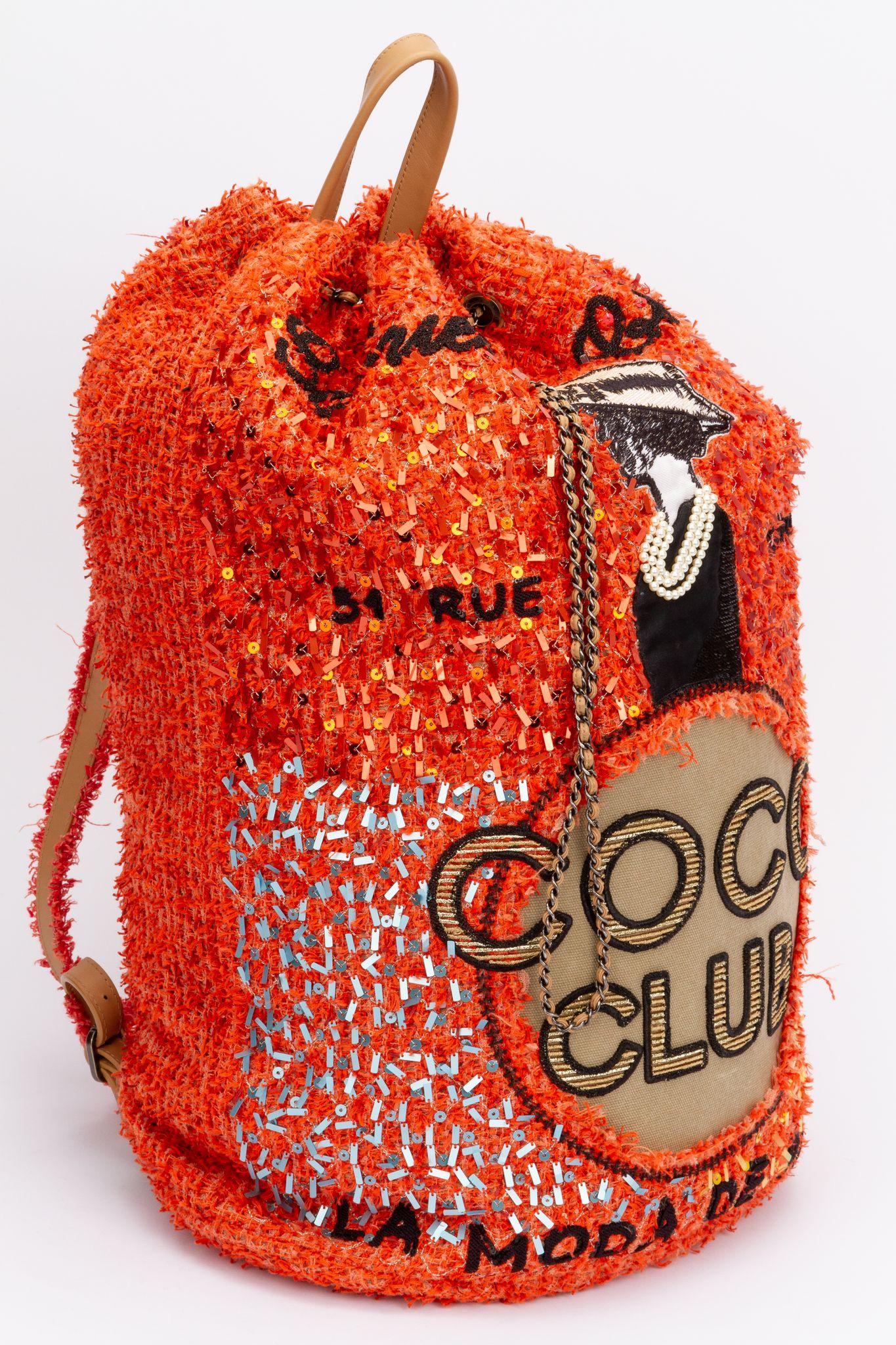 Chanel large tweed orange Coco Cuba backpack with Gabrielle silhouette embroidery. Collection 23. Comes with hologram and original dust cover.