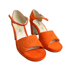 Chanel Orange Embroidered CC Suede Strap Sandals