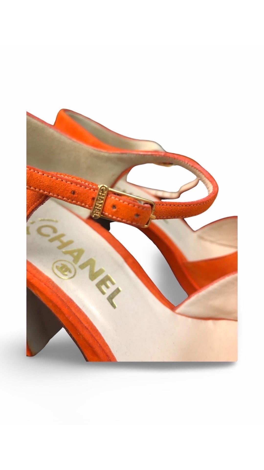 Women's Chanel Orange Embroidered CC Suede Strap Sandals  For Sale
