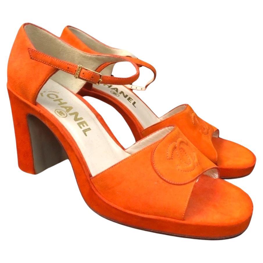 Chanel Orange Embroidered CC Suede Strap Sandals  For Sale