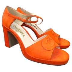 Chanel Orange Embroidered CC Suede Strap Sandals 