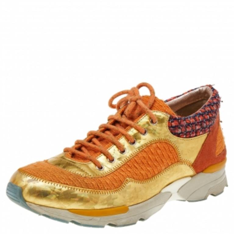 Brown Chanel Orange/Gold Tweed And Suede CC Low Top Sneakers Size 38