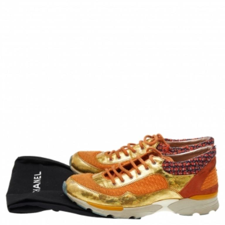 Women's Chanel Orange/Gold Tweed And Suede CC Low Top Sneakers Size 38