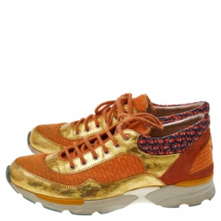 Chanel Orange/Gold Tweed And Suede CC Low Top Sneakers Size 38 1