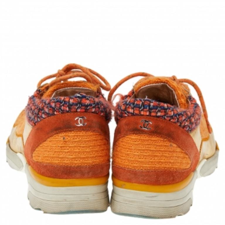 Chanel Orange/Gold Tweed And Suede CC Low Top Sneakers Size 38 2