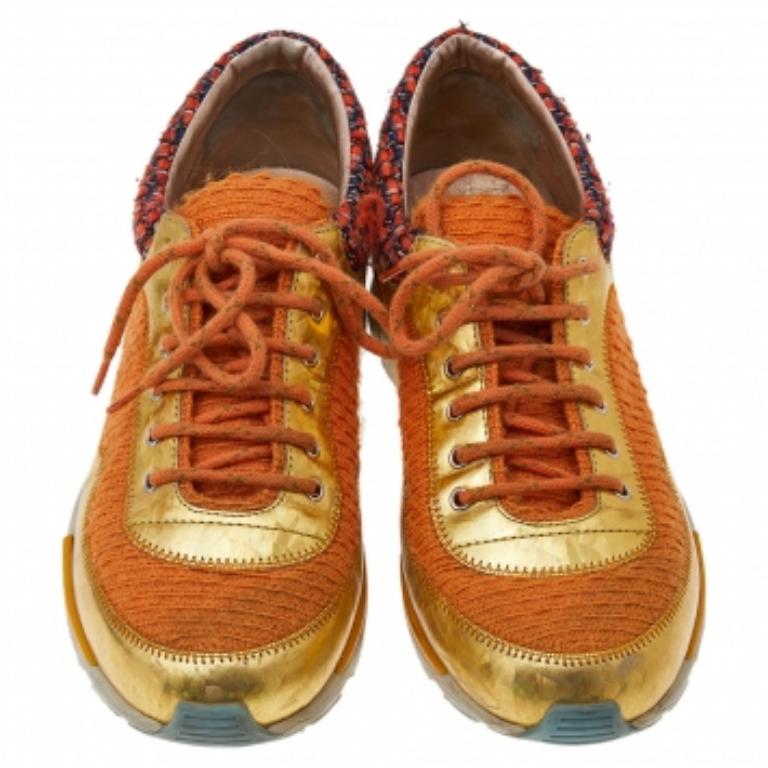 Chanel Orange/Gold Tweed And Suede CC Low Top Sneakers Size 38 3