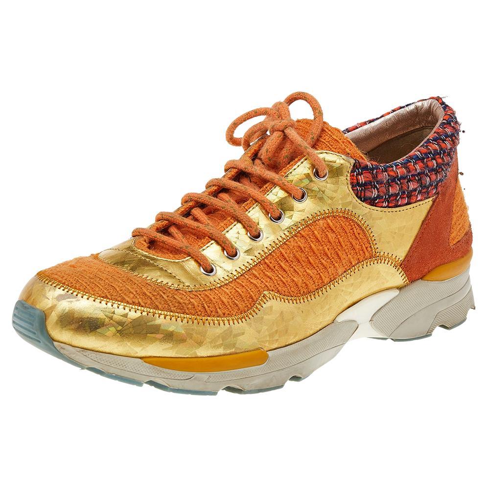 Chanel Orange/Gold Tweed And Suede CC Low Top Sneakers Size 38 For Sale