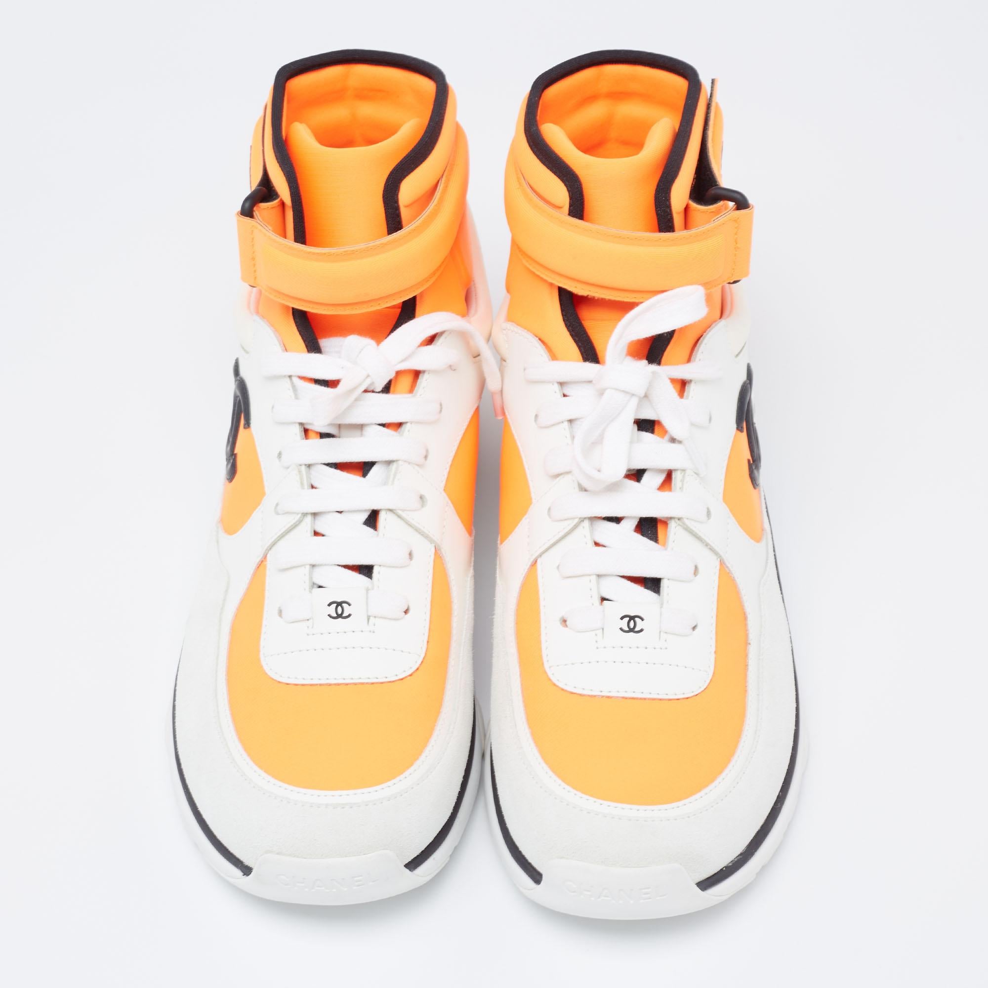 Chanel Orange Grey Suede And Leather CC High Top Sneakers Size 42