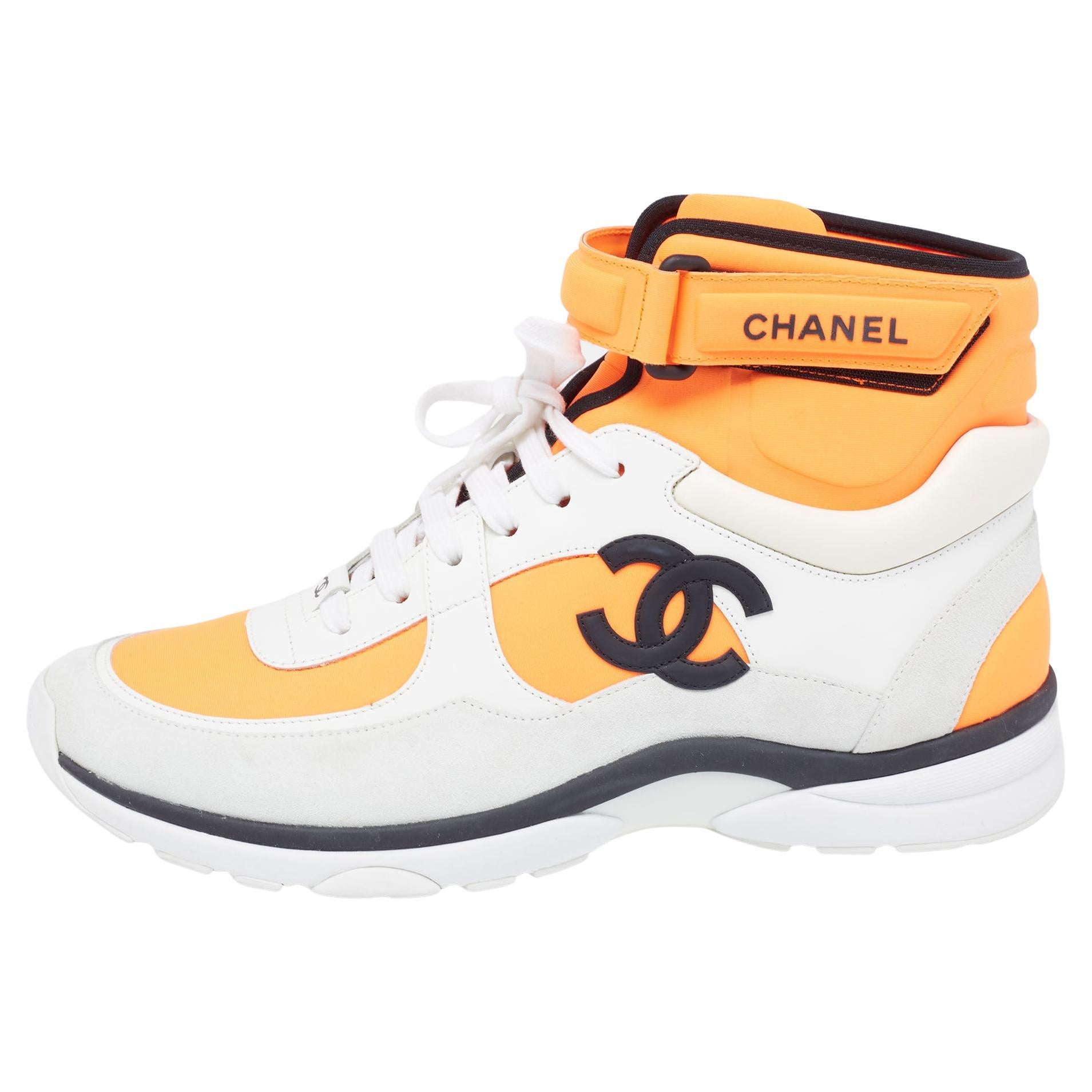 Chanel Orange/Grey Suede And Leather CC High Top Sneakers Size 42 at 1stDibs