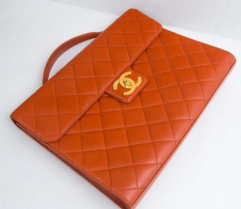 Chanel Orange Lambskin Briefcase In Good Condition For Sale In Norwalk, CT