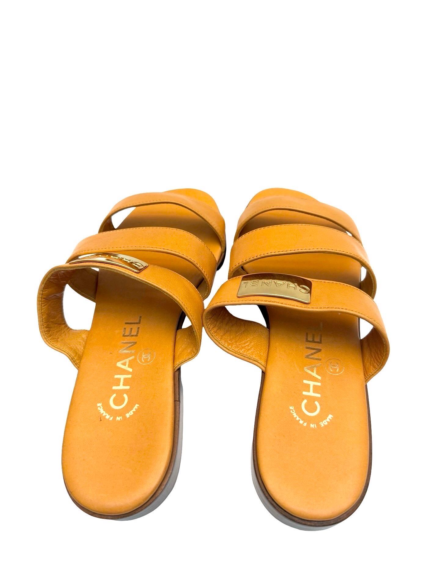 Orange Chanel orange lambskin sandals For Sale