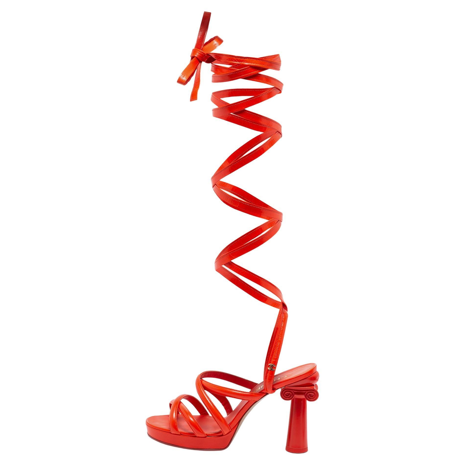 Chanel Orange Leather Ankle Wrap Sandals Size 41