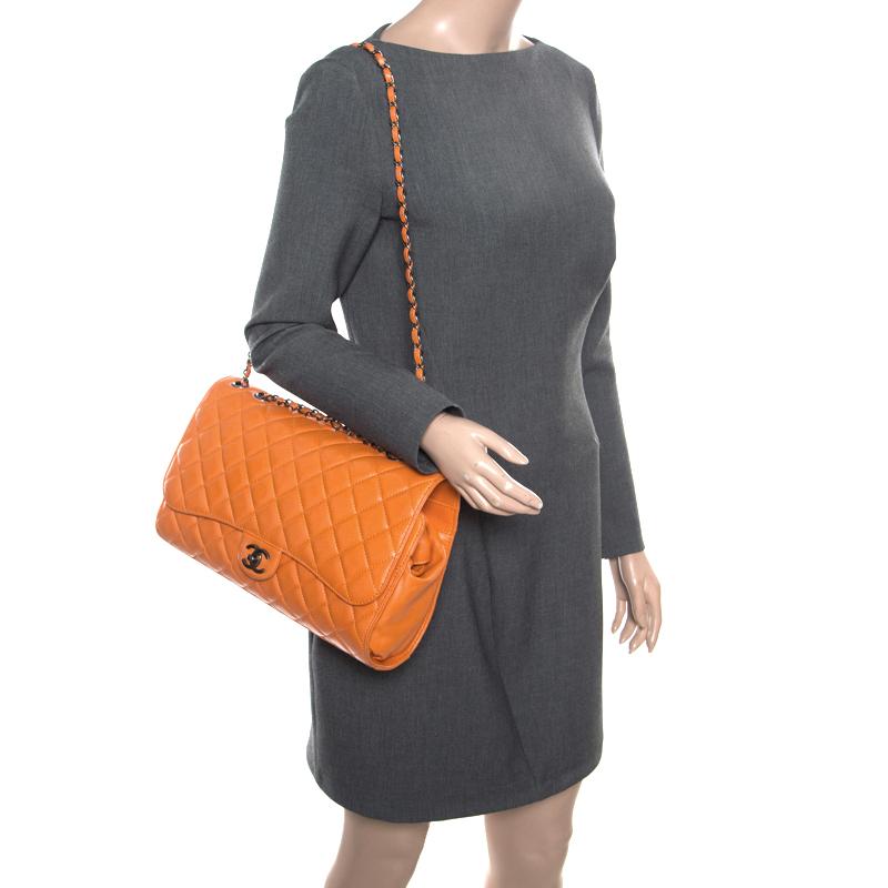 Chanel Orange Leather Drawstring Flap Shopping Bag In Good Condition In Dubai, Al Qouz 2