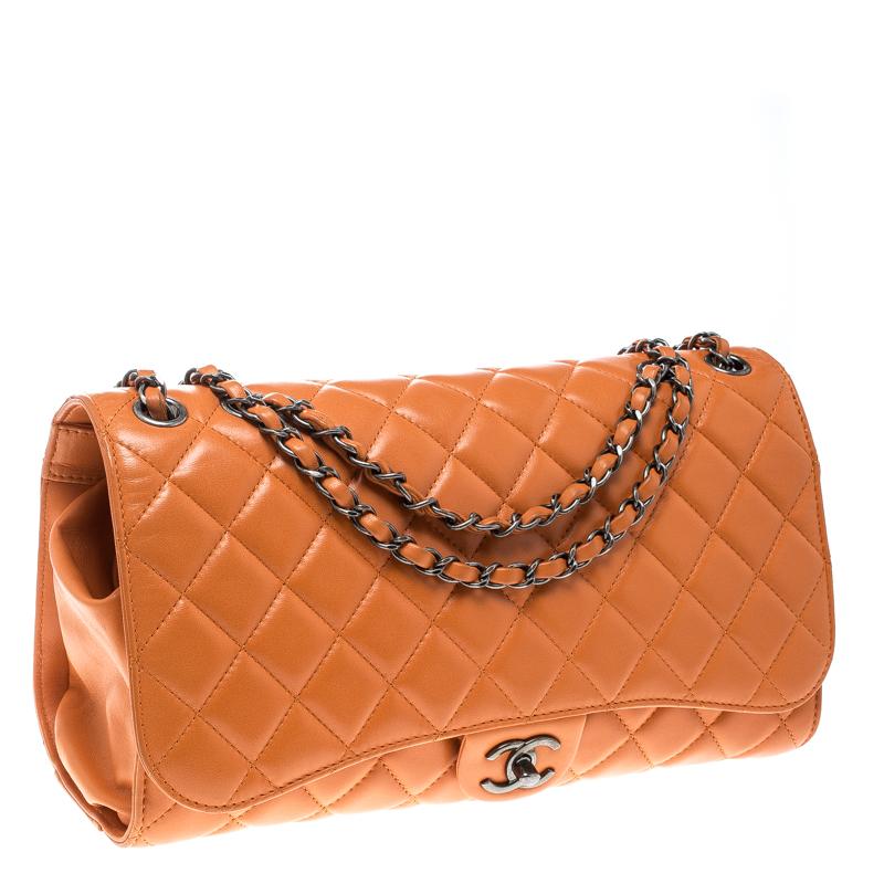 Women's Chanel Orange Leather Drawstring Flap Shopping Bag