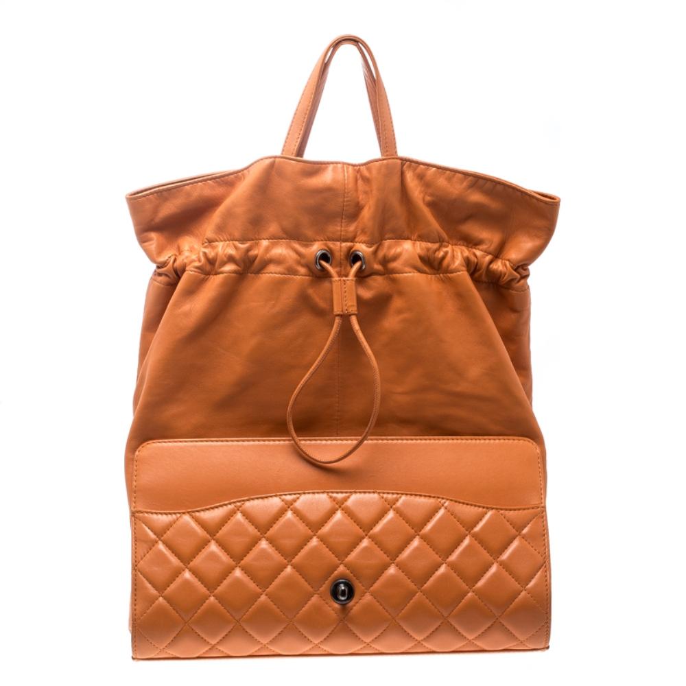 Chanel Orange Leather Drawstring Flap Shopping Bag 4