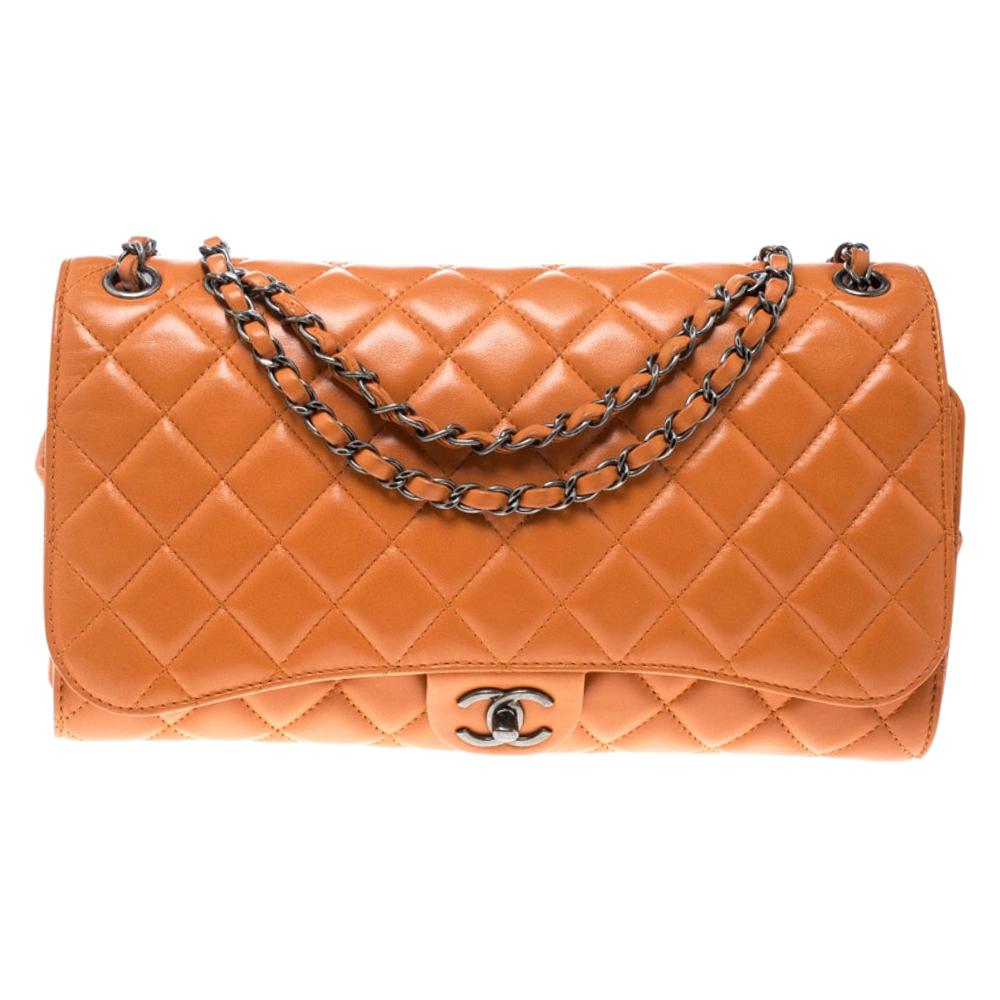 Chanel Orange Leather Drawstring Flap Shopping Bag