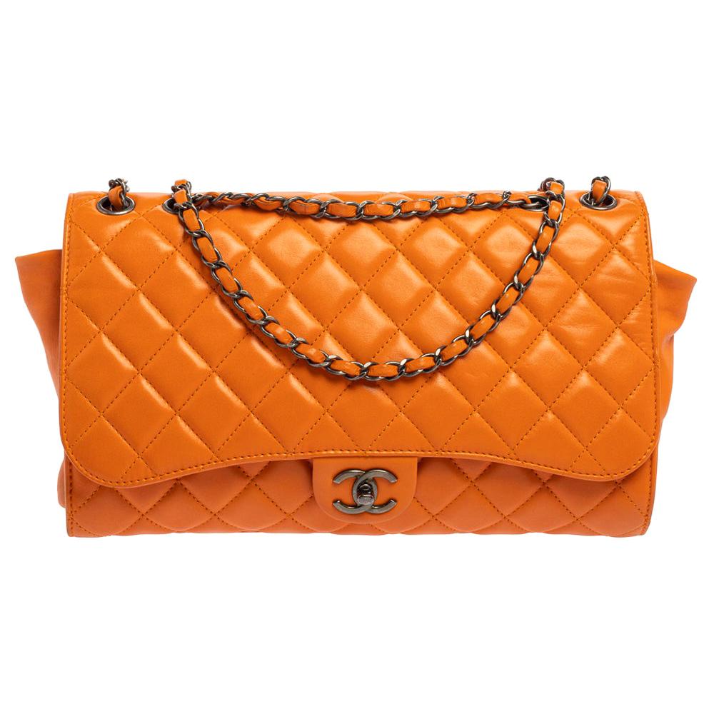 Chanel Orange Leather Grocery By Chanel Drawstring Flap Bag
