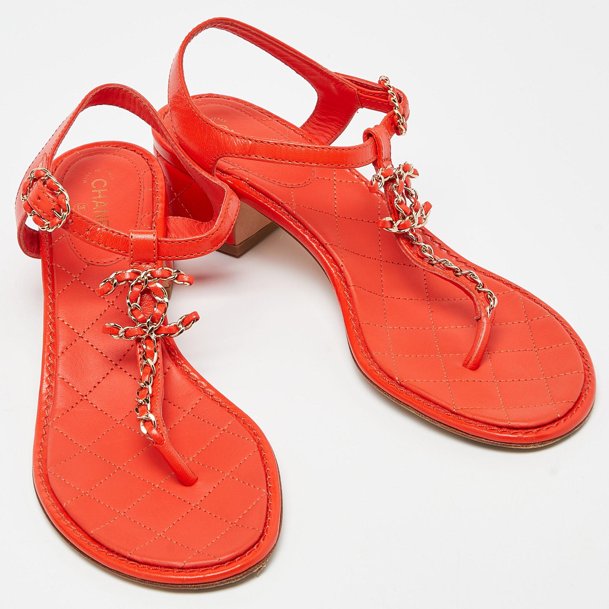Women's Chanel Orange Leather T-Strap Flat Thong Slingback Sandals Size 39