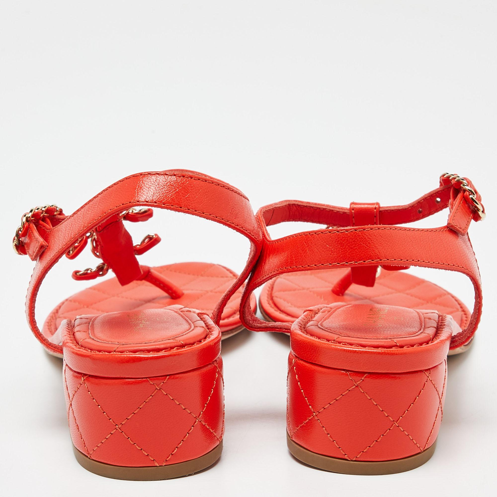 Chanel Orange Leather T-Strap Flat Thong Slingback Sandals Size 39 1