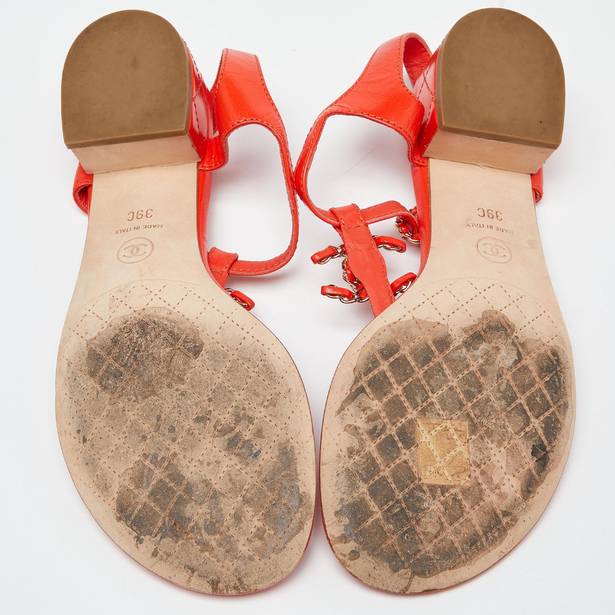 Chanel Orange Leather T-Strap Flat Thong Slingback Sandals Size 39 2