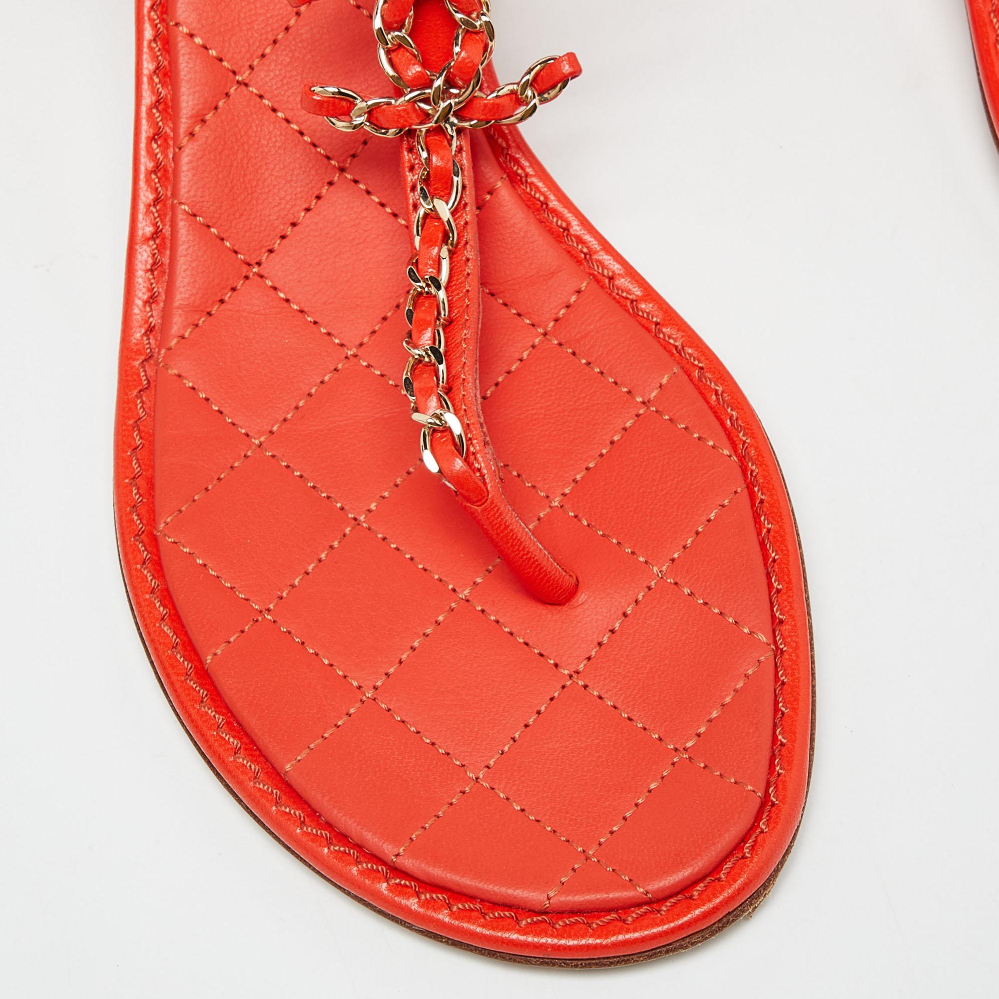 Chanel Orange Leather T-Strap Flat Thong Slingback Sandals Size 39 3