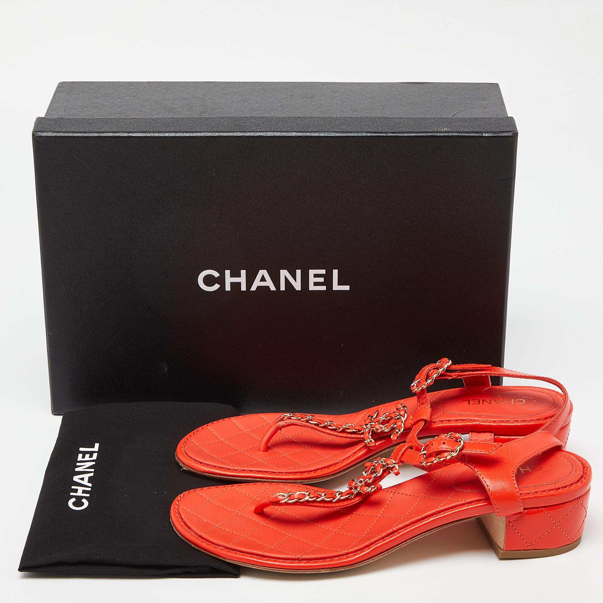 Chanel Orange Leather T-Strap Flat Thong Slingback Sandals Size 39 5