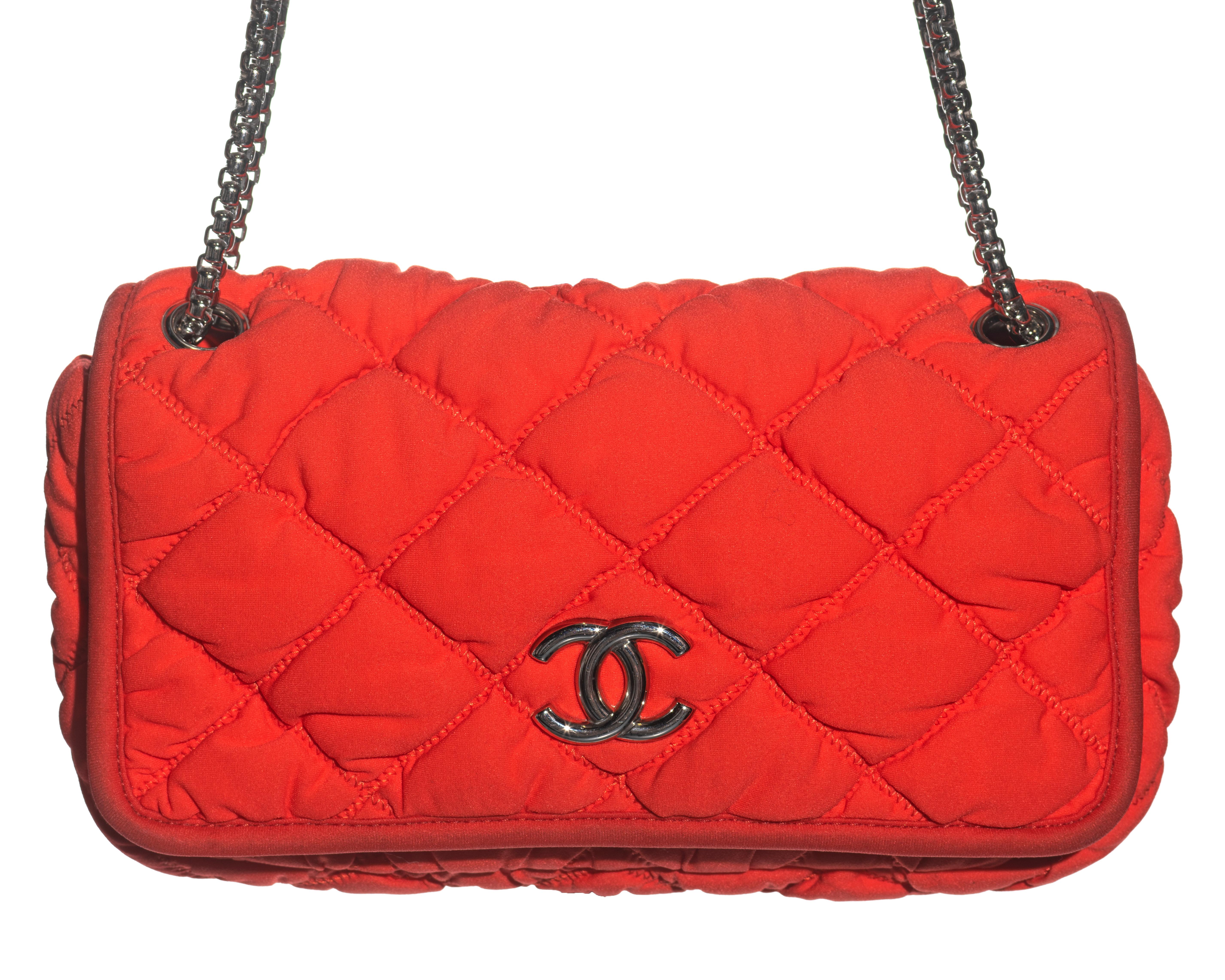 Red Chanel orange nylon bubble quilted flap bag with silver hardware, c. 2008