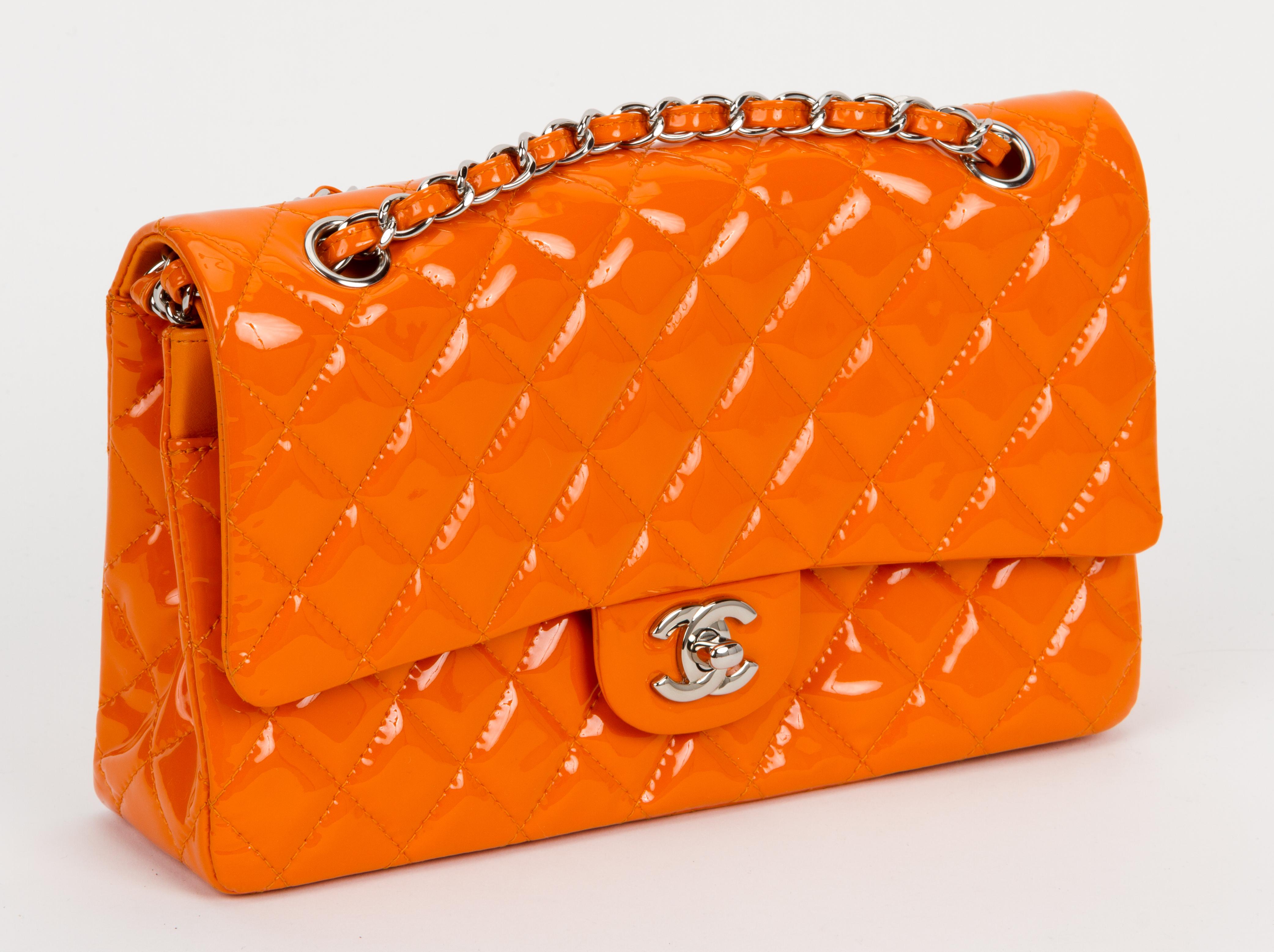 Chanel orange patent leather classic double flap lambskin 10