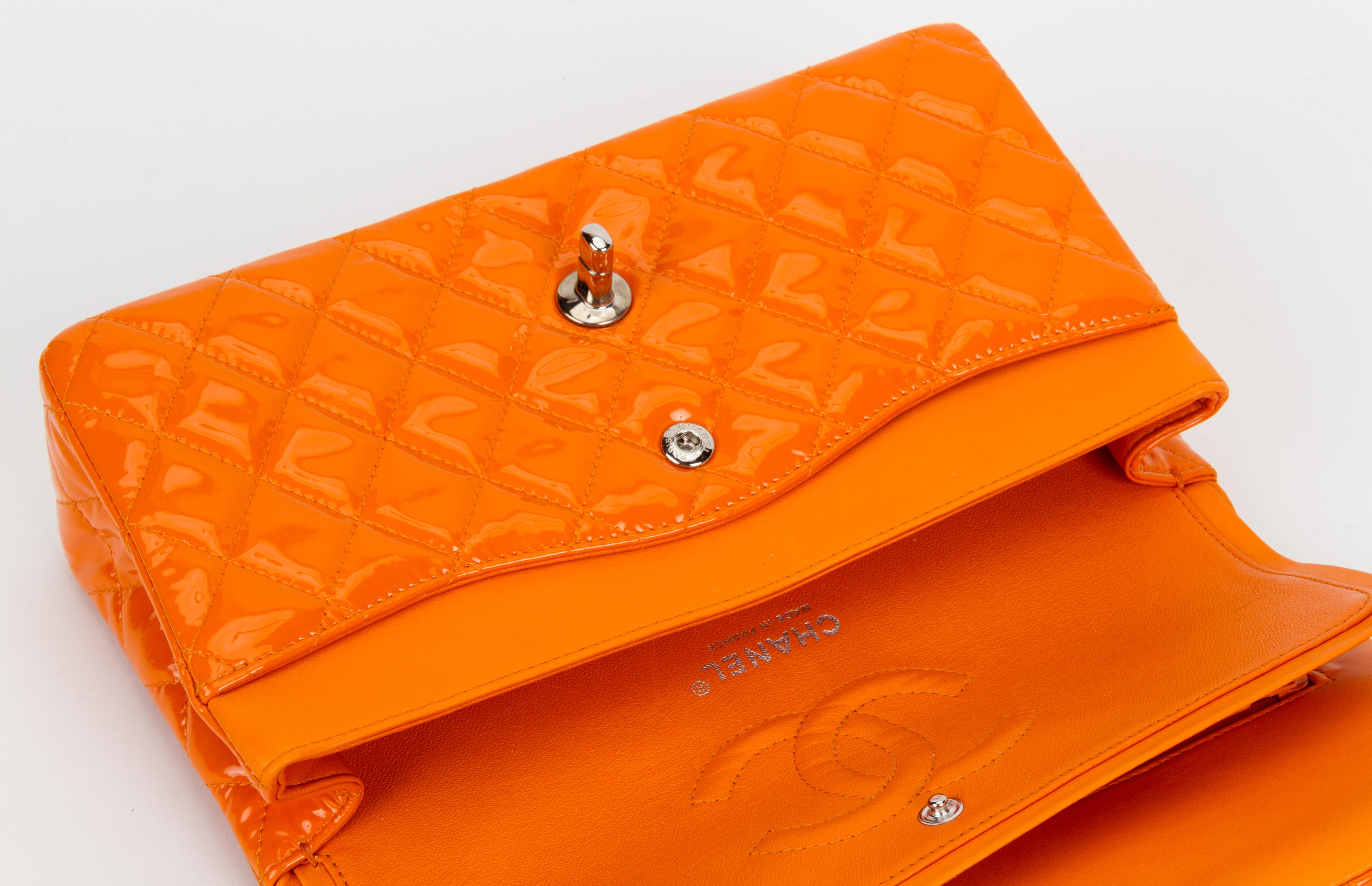 Chanel Orange Patent Leather Double Flap In Excellent Condition In West Hollywood, CA