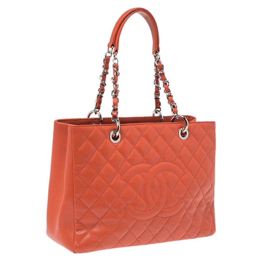 Women's Chanel Orange Quilted Caviar Leather Grand Shopping Tote