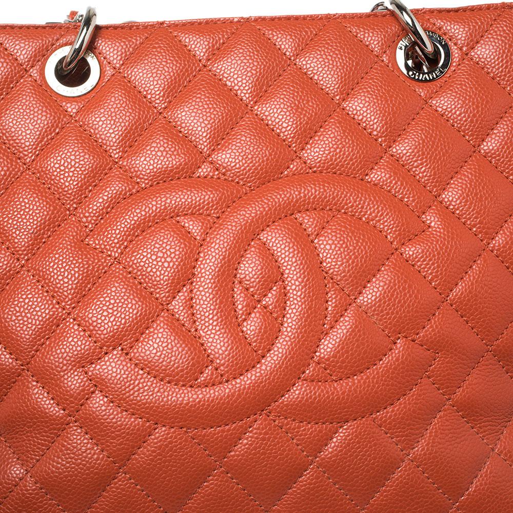 Chanel Orange Quilted Caviar Leather Grand Shopping Tote 4