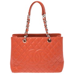 Chanel Orange Quilted Caviar Leather Grand Shopping Tote