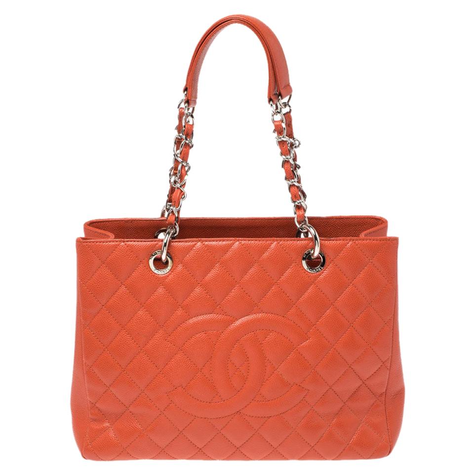 Chanel Orange Quilted Caviar Leather Grand Shopping Tote
