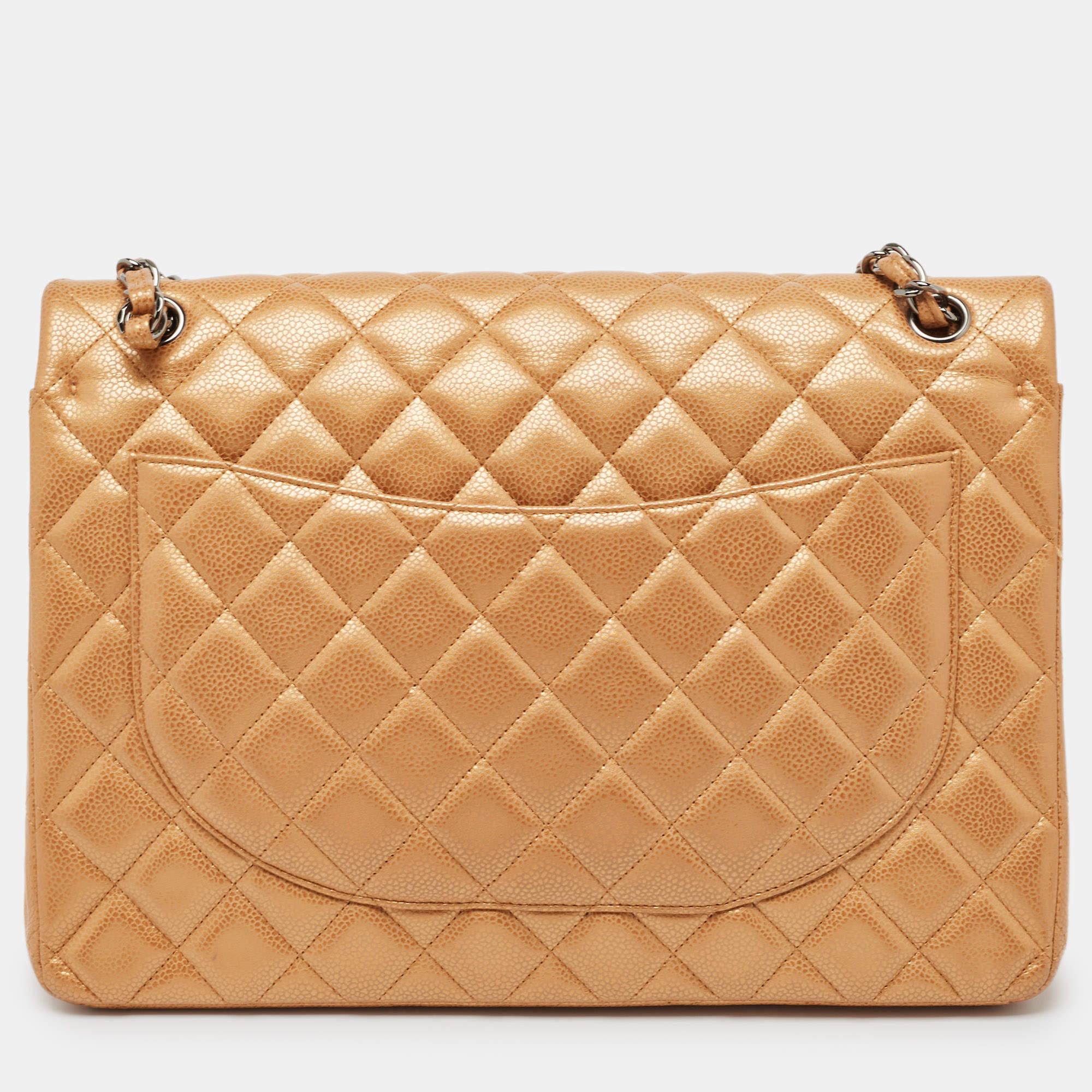 Women's Chanel Orange Quilted Caviar Leather Maxi Classic Double Flap Bag For Sale
