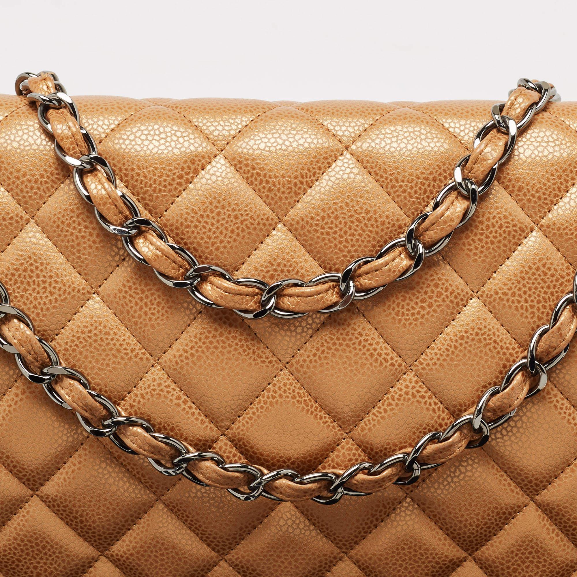 Chanel Orange Quilted Caviar Leather Maxi Classic Double Flap Bag For Sale 1