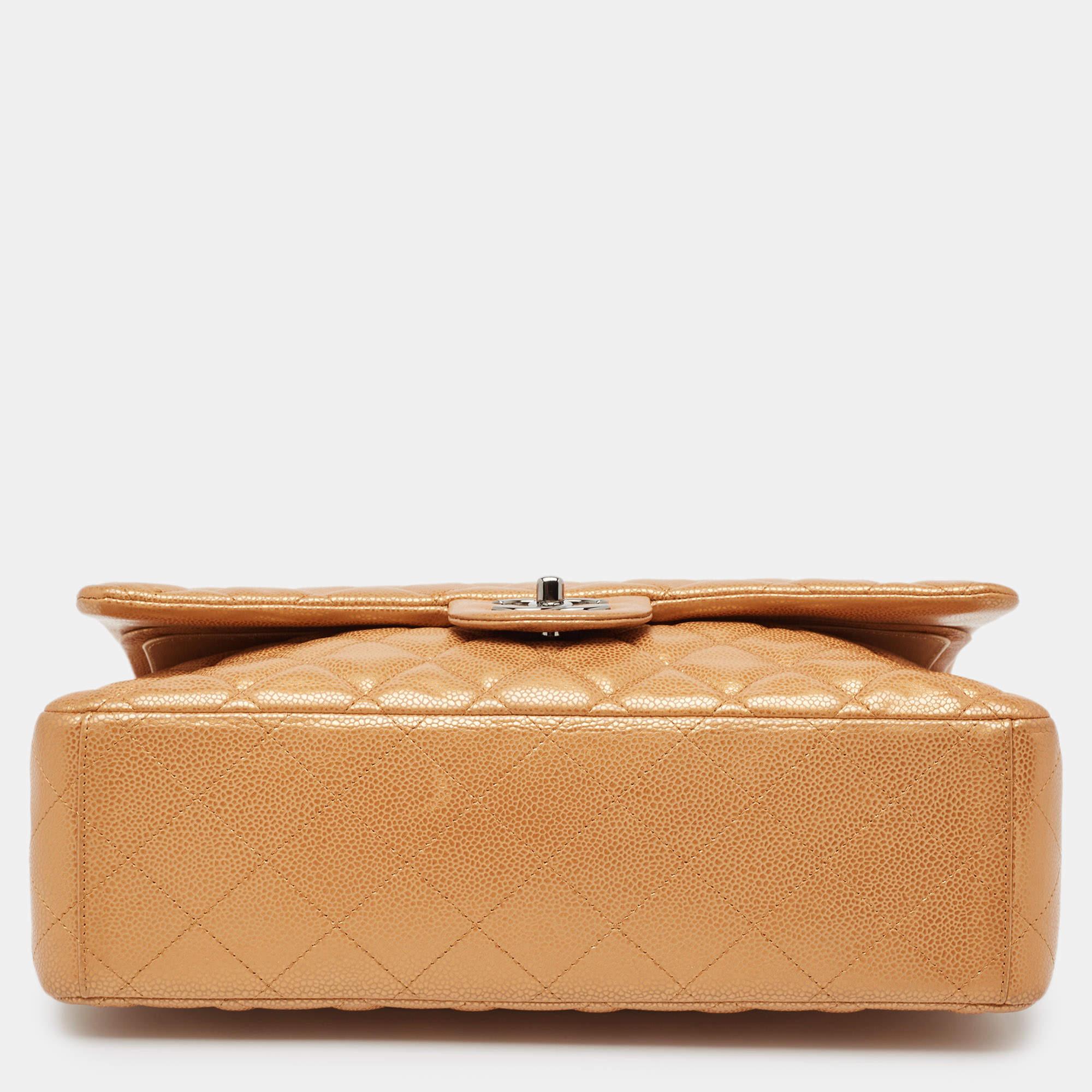 Chanel Orange Quilted Caviar Leather Maxi Classic Double Flap Bag For Sale 3
