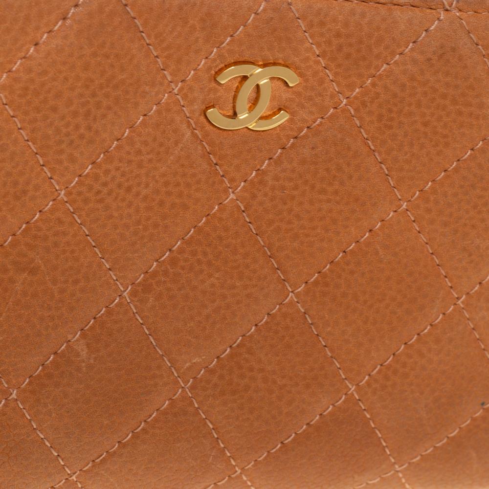 Chanel Orange Quilted Caviar Suede CC Zip Around Wallet For Sale 1