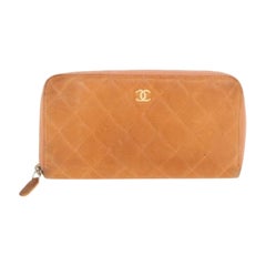 Chanel Orange Quilted Caviar Suede CC Zip Around Wallet