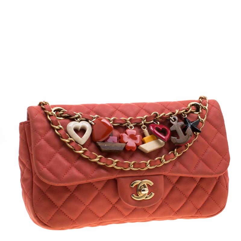 Women's Chanel Orange Quilted Lambskin Leather Cruise Charm Flap Bag