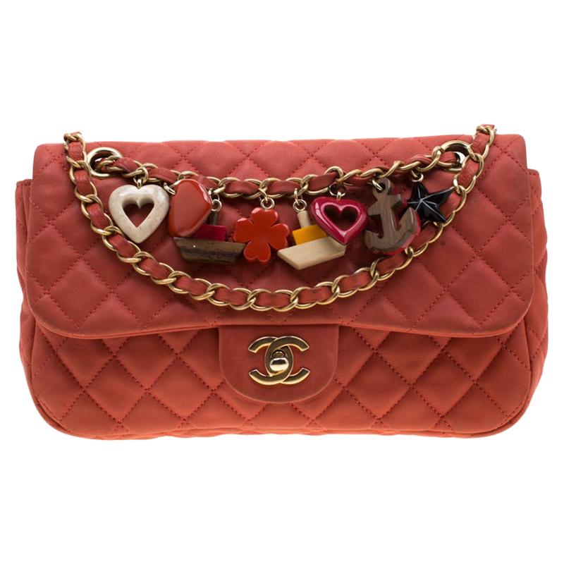Chanel Orange Quilted Lambskin Leather Cruise Charm Flap Bag