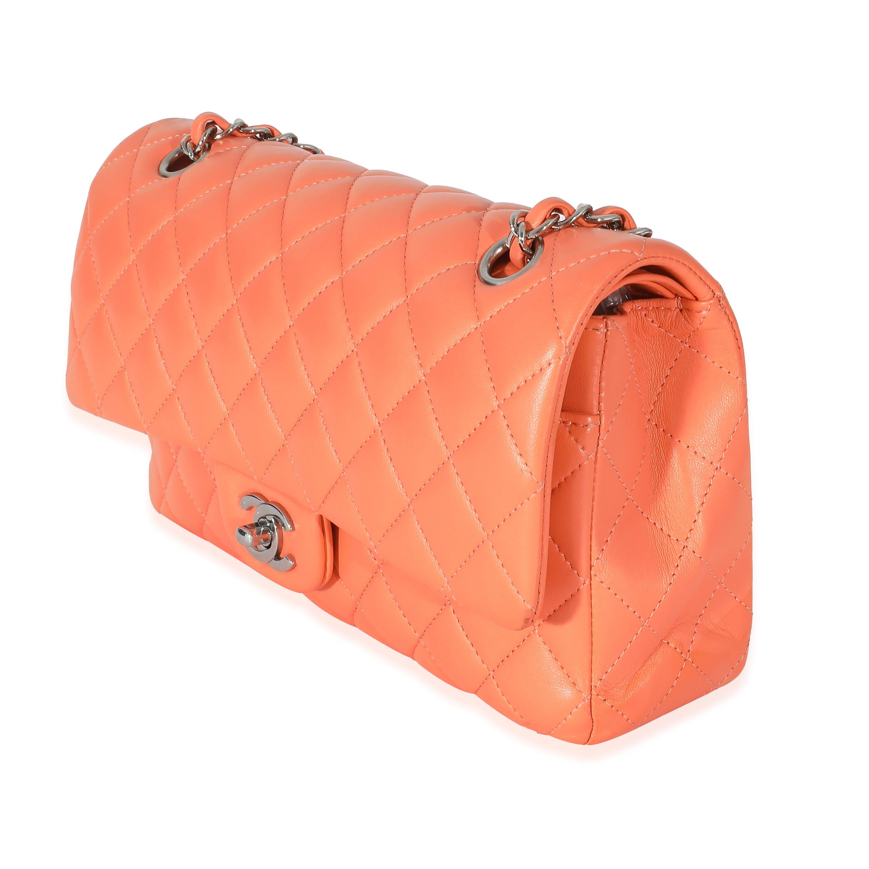 Chanel Orange Quilted Lambskin Medium Classic Double Flap Bag In Excellent Condition For Sale In New York, NY