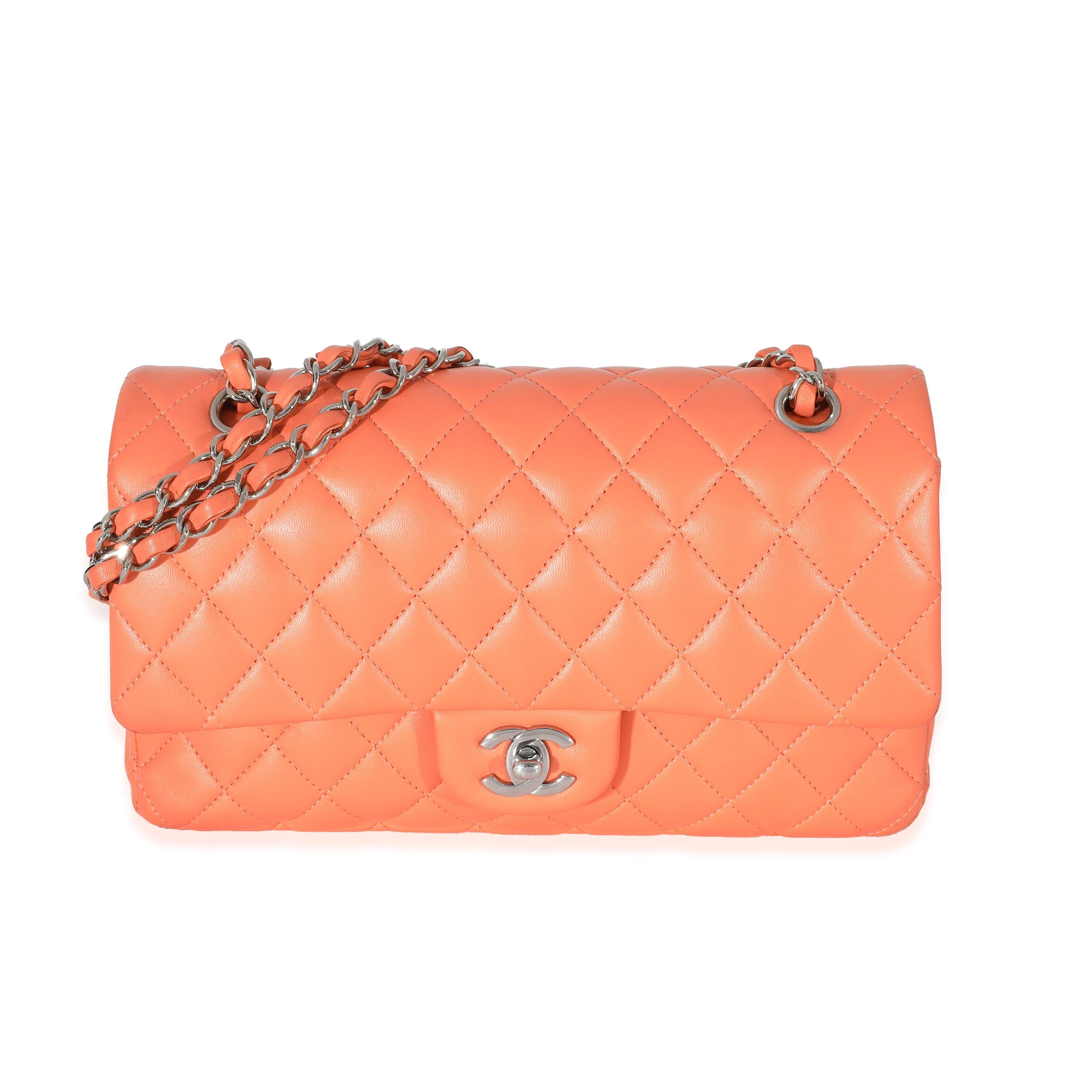 Chanel Orange Quilted Lambskin Medium Classic Double Flap Bag For Sale
