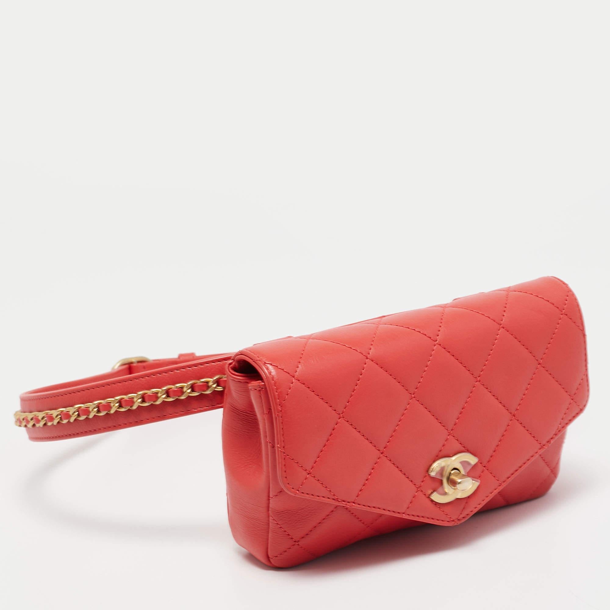 Chanel Orange Quilted Leather Envelope Flap Waist Bag In Excellent Condition In Dubai, Al Qouz 2
