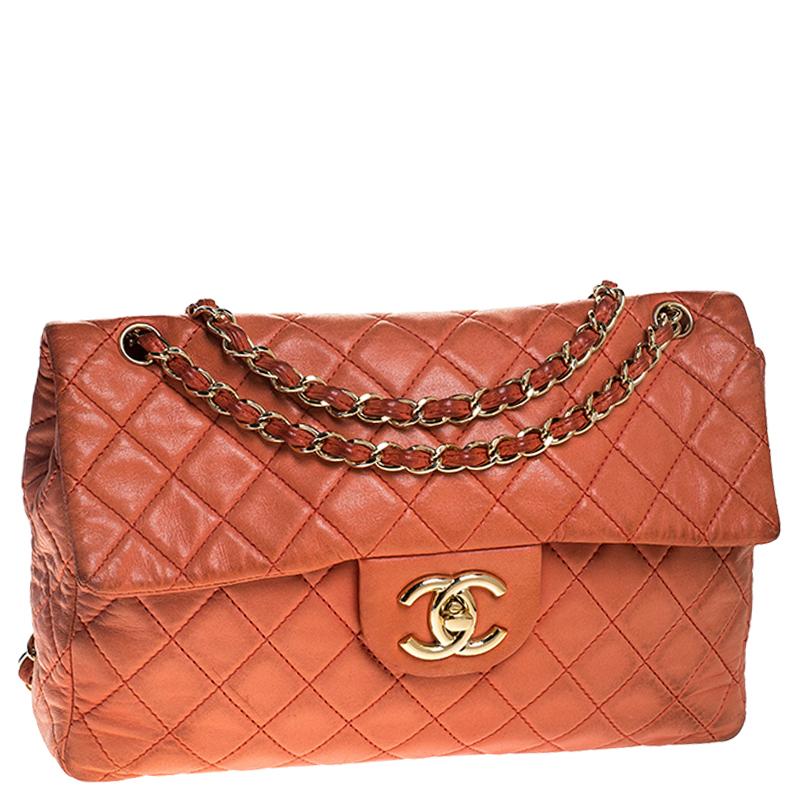 Chanel Orange Quilted Leather Maxi Classic Single Flap Bag In Good Condition In Dubai, Al Qouz 2