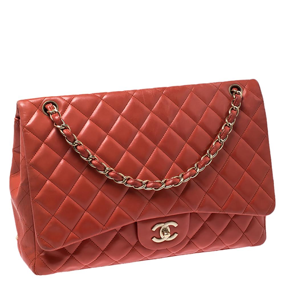 Women's Chanel Orange Quilted Leather Maxi Classic Single Flap Bag