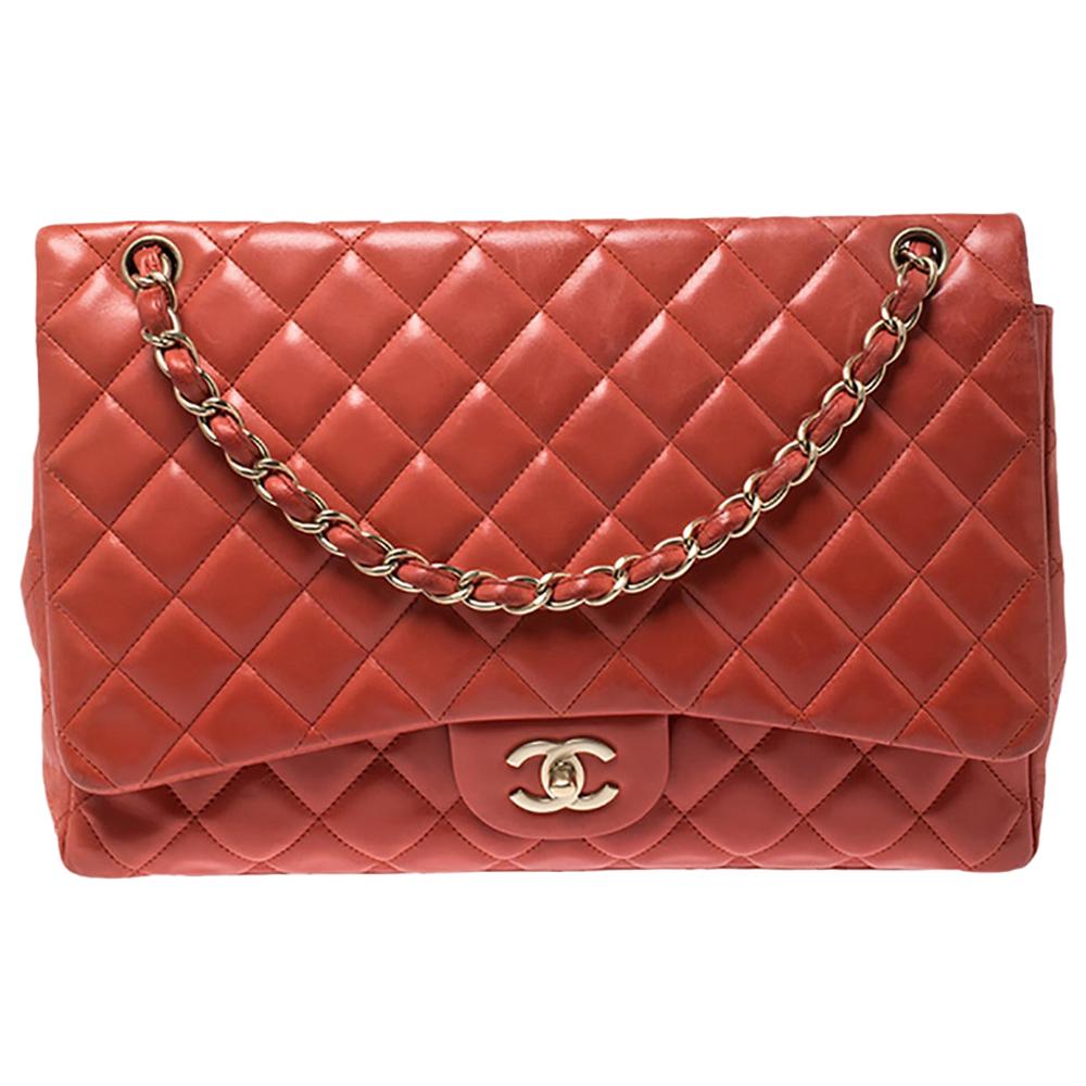 Chanel Orange Quilted Leather Maxi Classic Single Flap Bag