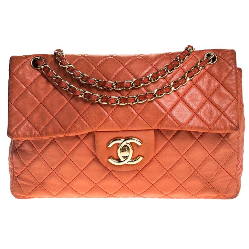 Chanel Orange Quilted Leather Maxi Classic Single Flap Bag