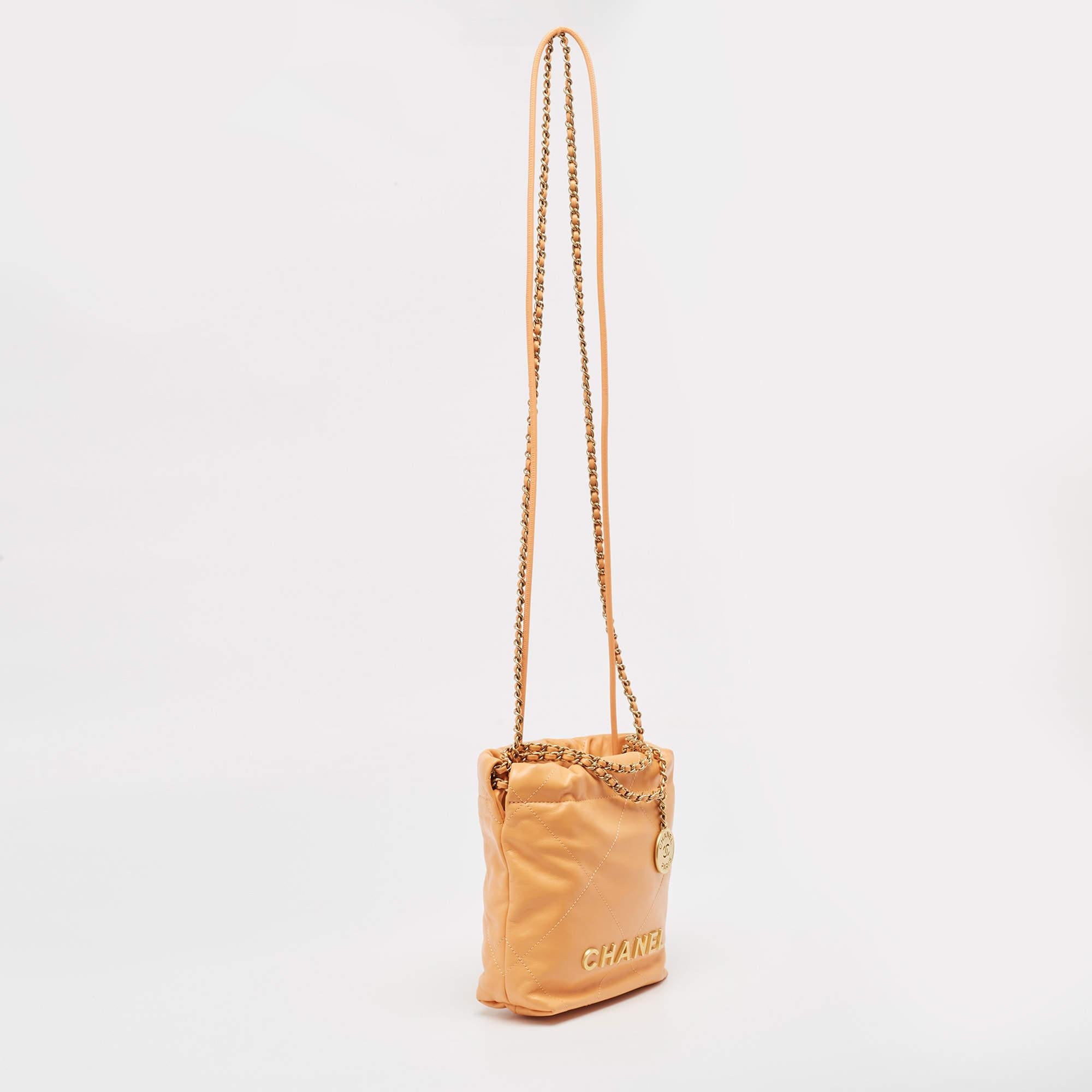 Chanel Orange Quilted Leather Mini 22 Chain Bag In New Condition In Dubai, Al Qouz 2