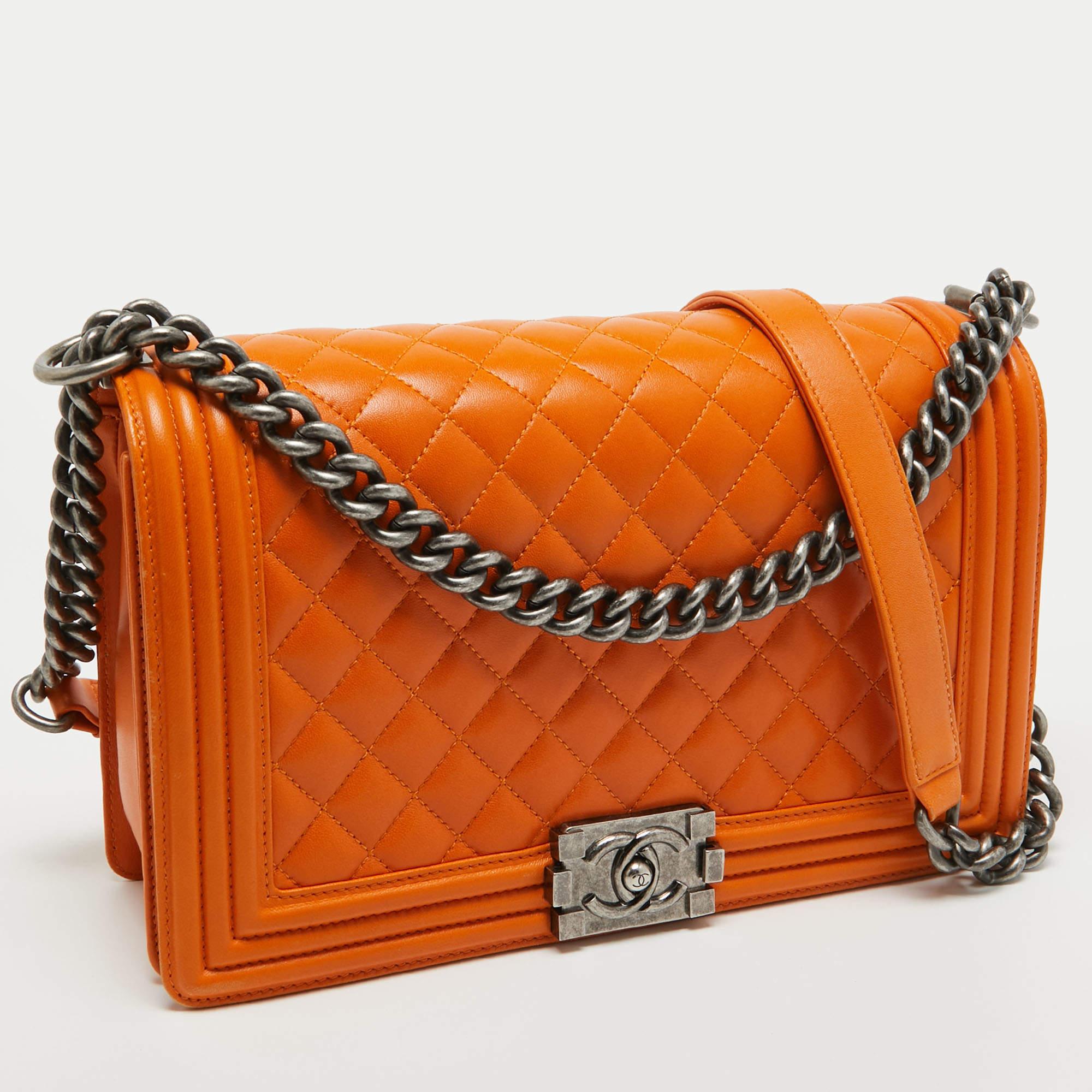 Chanel Orange Quilted Leather New Medium Boy Bag In Excellent Condition For Sale In Dubai, Al Qouz 2